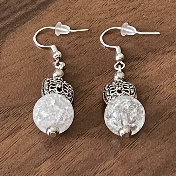 Cracked Quartz Antiqued Silver Pierced Drop Earrings - Picture 3 of 4